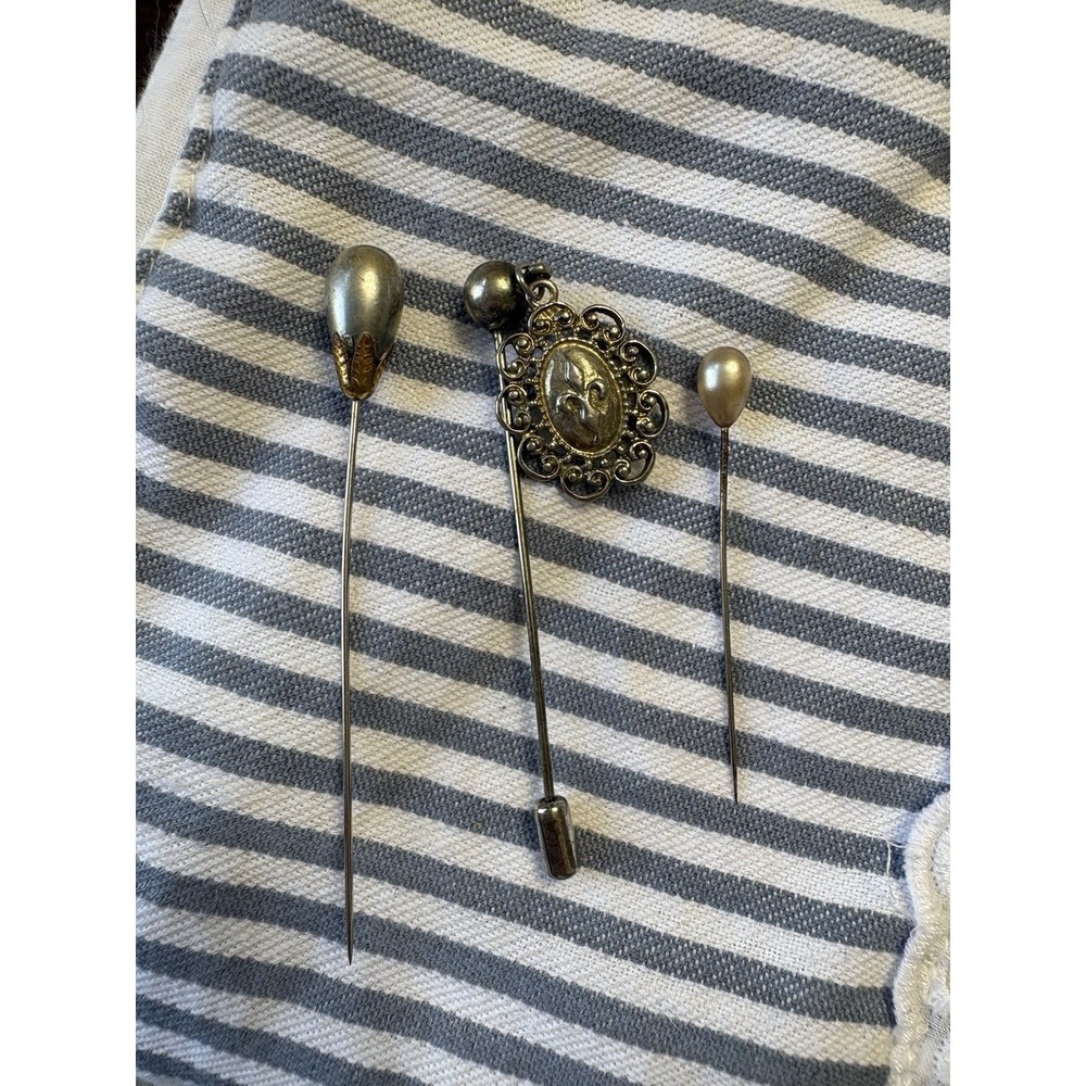 Lot of 3 Vintage Stick Pins Gold and Silver Tone‎ Faux Pearl One Dangle